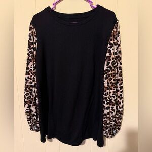 Black Top with Leopard Print Balloon Sleeves